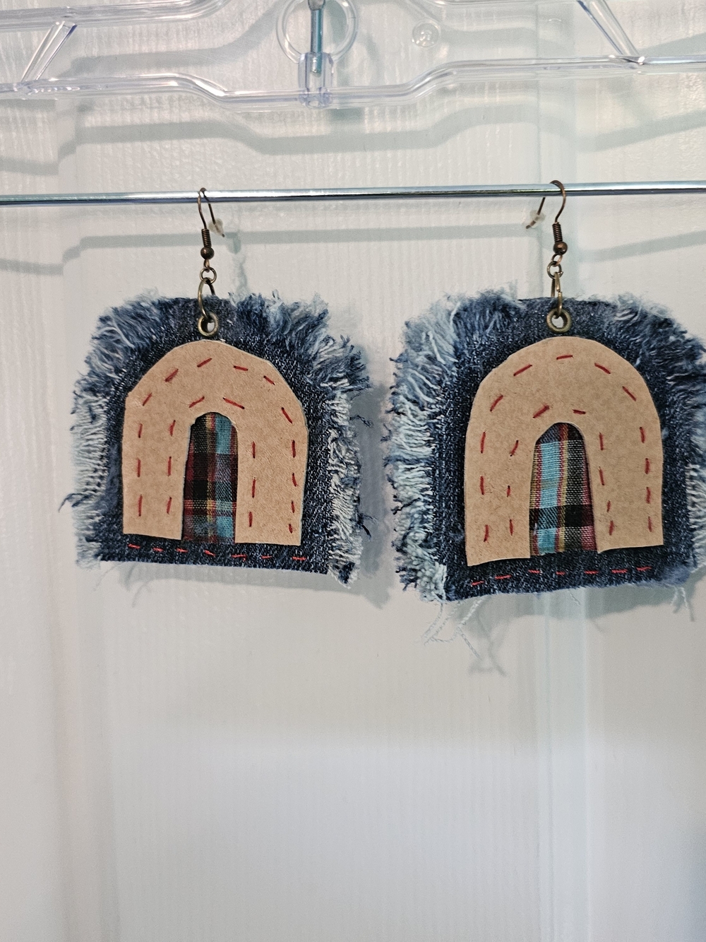 coriander&cumin Handmade Frayed Denim Arch Earrings with Plaid Inset 2.5" Diamtr